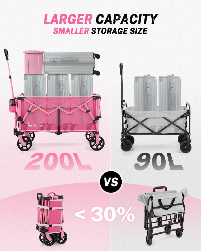Gonex 38''L Collapsible Foldable Wagon Cart with 360lbs Weight Capacity,220L Folding Utility Garden Cart with Detachable Wheels for Grocery Sports Shopping Camping - Pink - Image 3