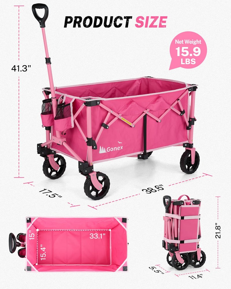 Gonex 38''L Collapsible Foldable Wagon Cart with 360lbs Weight Capacity,220L Folding Utility Garden Cart with Detachable Wheels for Grocery Sports Shopping Camping - Pink - Image 2