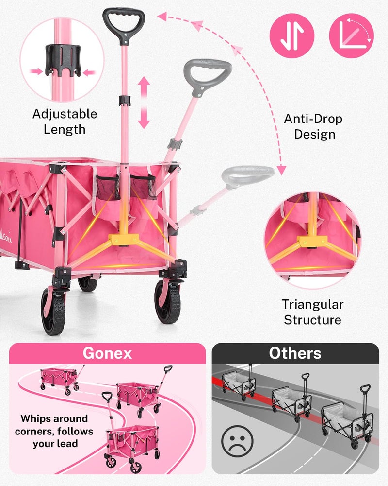 Gonex 38''L Collapsible Foldable Wagon Cart with 360lbs Weight Capacity,220L Folding Utility Garden Cart with Detachable Wheels for Grocery Sports Shopping Camping - Pink - Image 5
