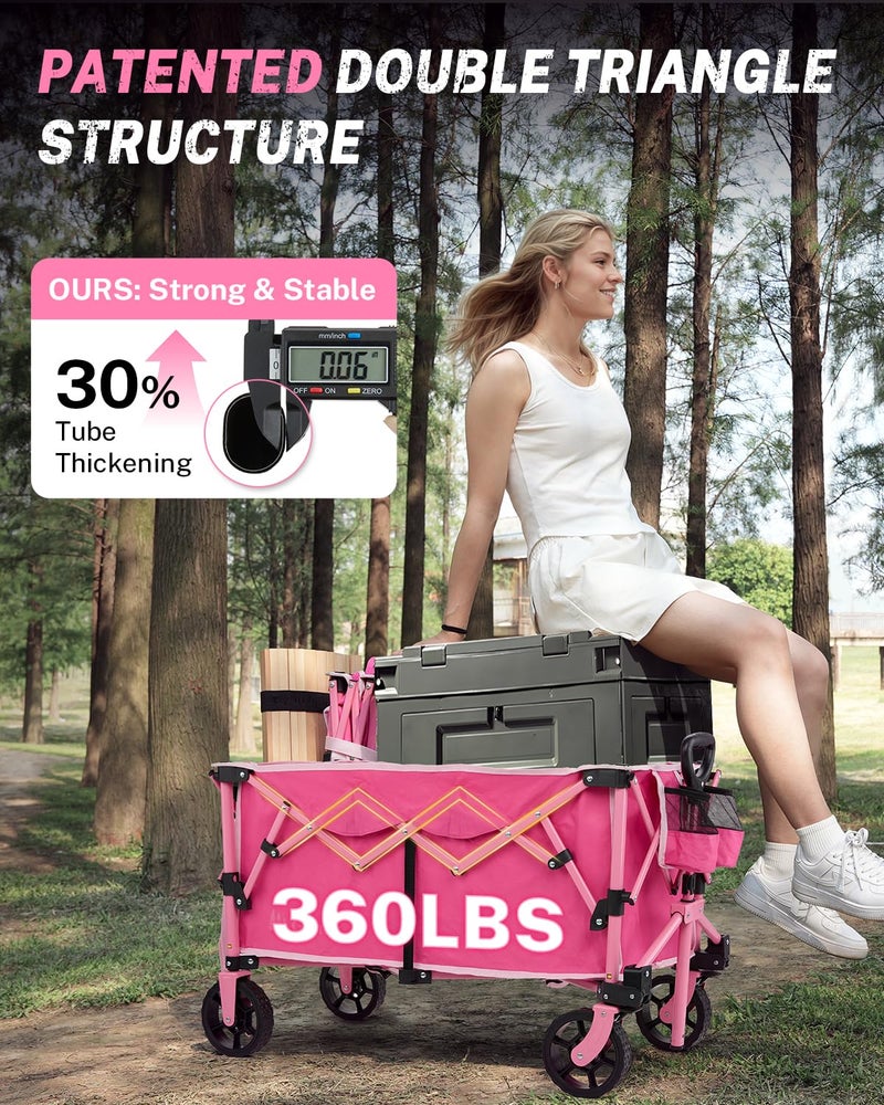 Gonex 38''L Collapsible Foldable Wagon Cart with 360lbs Weight Capacity,220L Folding Utility Garden Cart with Detachable Wheels for Grocery Sports Shopping Camping - Pink - Image 4