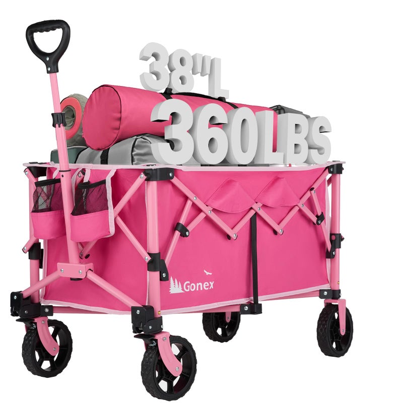 Gonex 38''L Collapsible Foldable Wagon Cart with 360lbs Weight Capacity,220L Folding Utility Garden Cart with Detachable Wheels for Grocery Sports Shopping Camping - Pink - Image 1