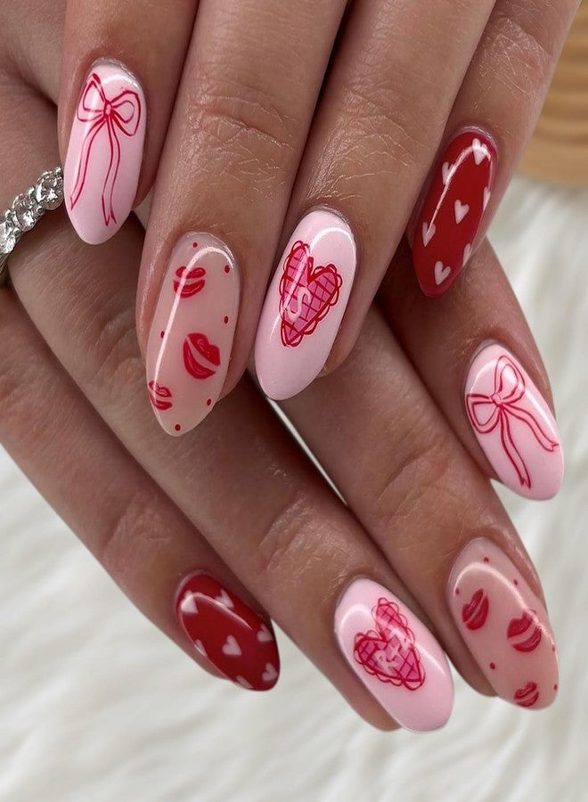 Euphily Polka Dot Press on Nails Medium Almond Fake Nails False Nail with Red Heart Bow Design Glossy Reusable False Nails Full Cover Artificial Nails Stick for Women Girls 24 Pcs - Image 1