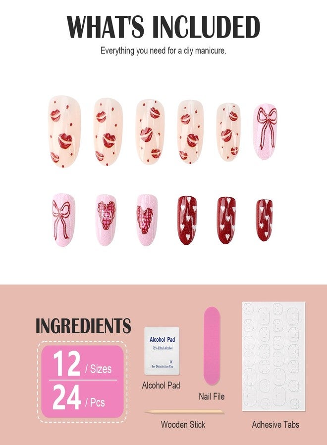 Euphily Polka Dot Press on Nails Medium Almond Fake Nails False Nail with Red Heart Bow Design Glossy Reusable False Nails Full Cover Artificial Nails Stick for Women Girls 24 Pcs - Image 4