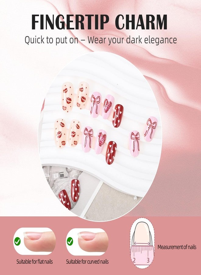 Euphily Polka Dot Press on Nails Medium Almond Fake Nails False Nail with Red Heart Bow Design Glossy Reusable False Nails Full Cover Artificial Nails Stick for Women Girls 24 Pcs - Image 3
