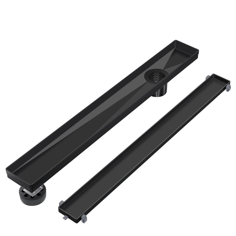 EXF Offset Linear Shower Drain 24 Inch Matte Black with Reversible Flat Tile Insert Cover Stainless Steel Rectangle Shower Floor Drain with Hair Catcher Adjustable Feet