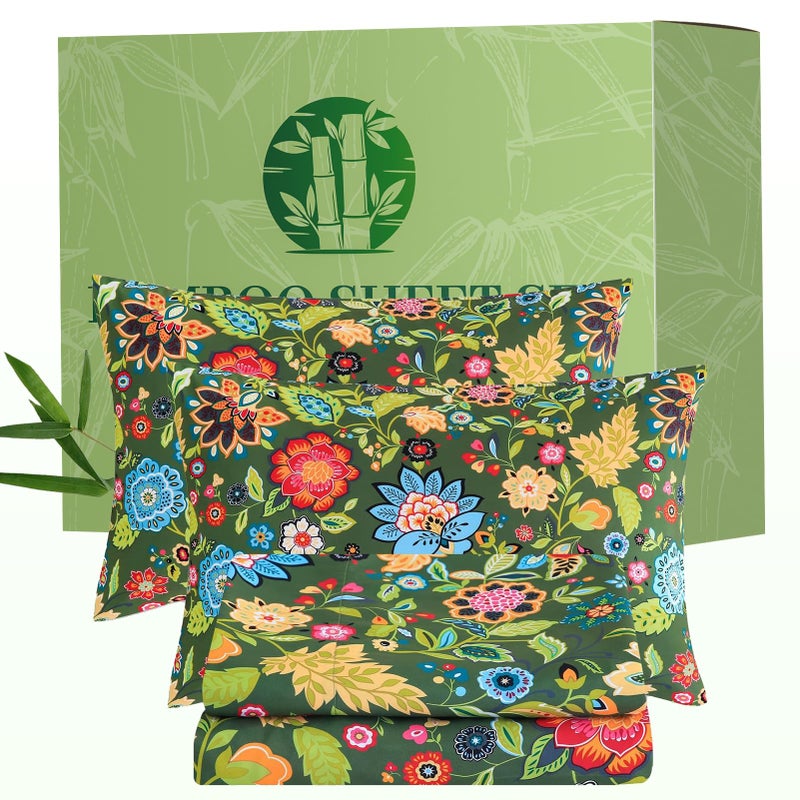 Bedlifes King Floral 4-Piece Sheet Set - Cooling Sheets Blend Rayon Derived from Bamboo,Soft & Breathable, Deep Pocket 16", Wrinkle Resistant - Vibrant Boho Floral Dark Green - Image 1