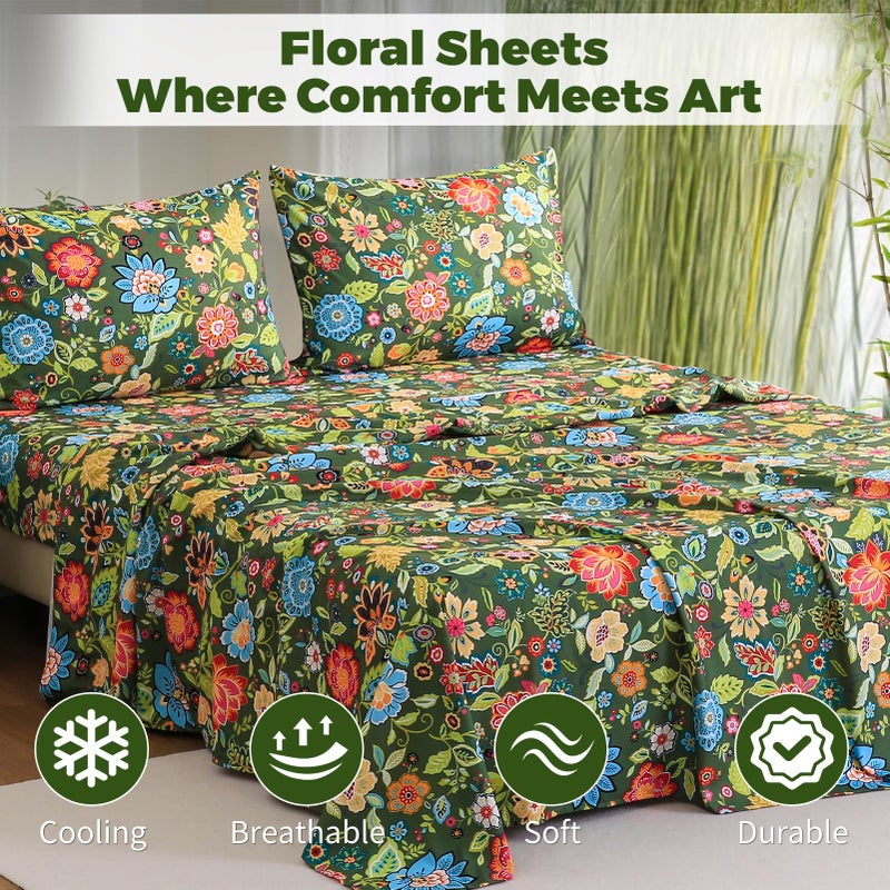 Bedlifes King Floral 4-Piece Sheet Set - Cooling Sheets Blend Rayon Derived from Bamboo,Soft & Breathable, Deep Pocket 16", Wrinkle Resistant - Vibrant Boho Floral Dark Green - Image 3