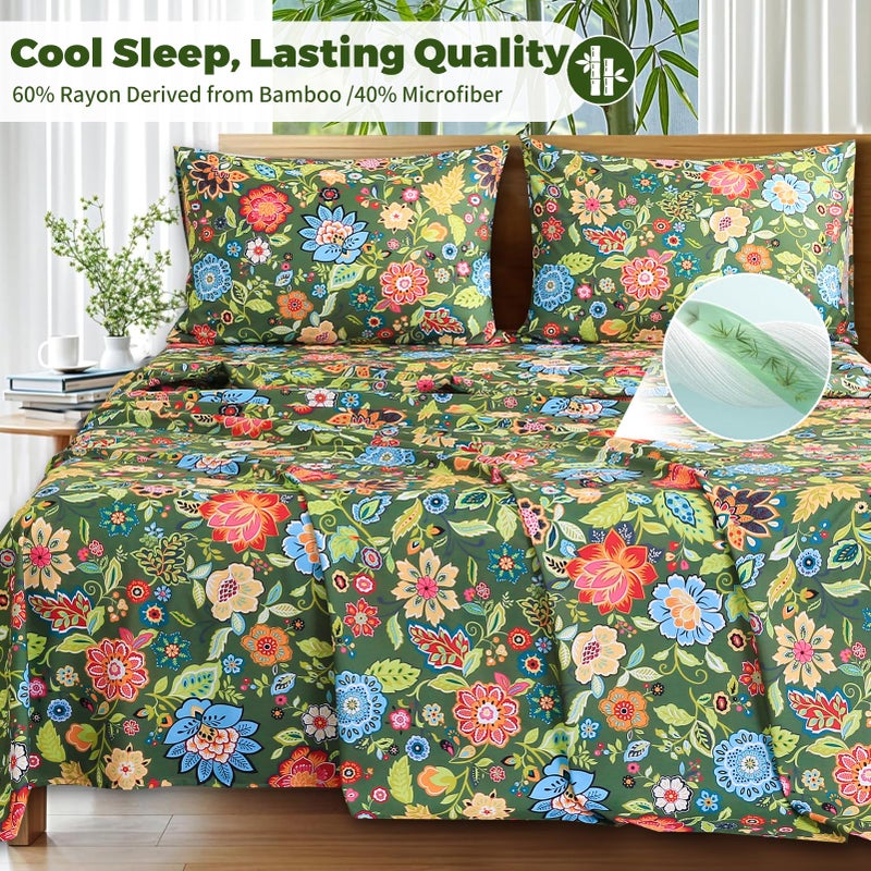 Bedlifes King Floral 4-Piece Sheet Set - Cooling Sheets Blend Rayon Derived from Bamboo,Soft & Breathable, Deep Pocket 16", Wrinkle Resistant - Vibrant Boho Floral Dark Green - Image 2