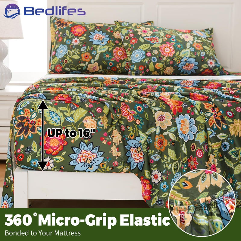 Bedlifes King Floral 4-Piece Sheet Set - Cooling Sheets Blend Rayon Derived from Bamboo,Soft & Breathable, Deep Pocket 16", Wrinkle Resistant - Vibrant Boho Floral Dark Green - Image 4