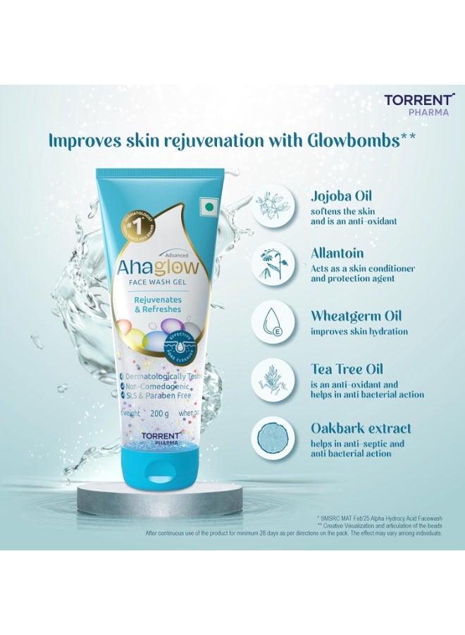 Ahaglow Advanced Face Wash Gel with AHA(Alpha-Hydroxy Acid)|Jojoba Oil|Tea Tree Oil|Allantoin|Vitamin E|Oakbark Extract|Dermatologically Tested| 200g  (Pack of 2) - Torrent Pharma - Image 2