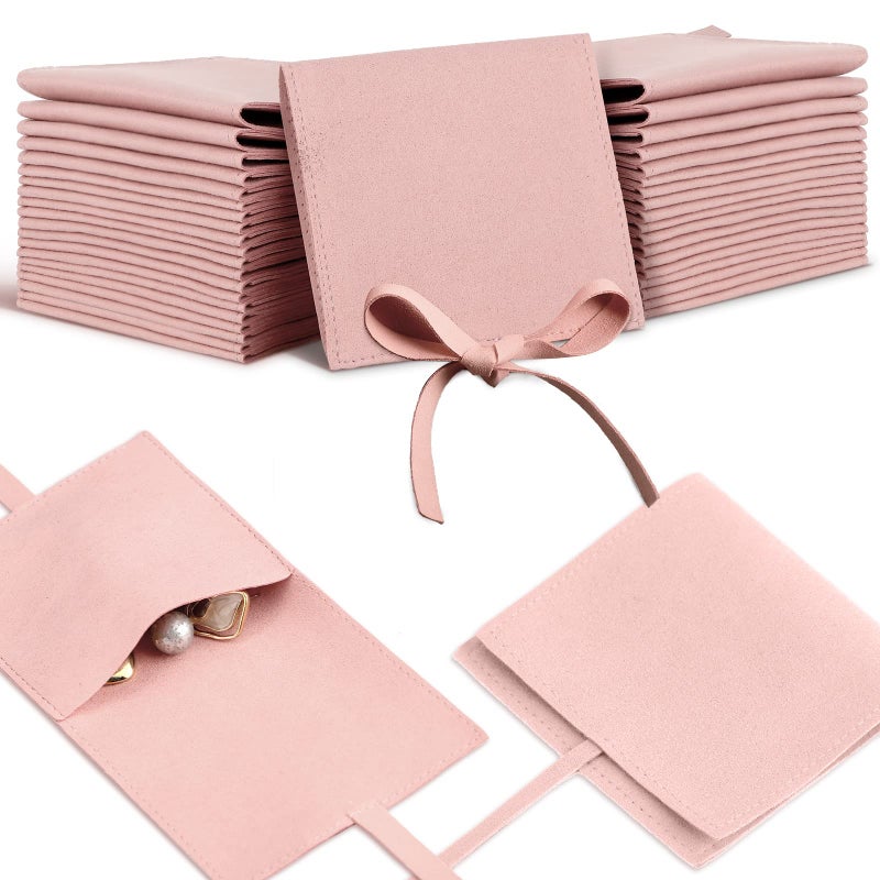 Lothee 40 Pcs Microfiber Jewelry Pouch 8x8 cm Jewelry Packaging Luxury Small Gift Bags Bow Tie Microfiber Bag for Bracelet Necklace PackagingEnvelope Style with String and DividerPink