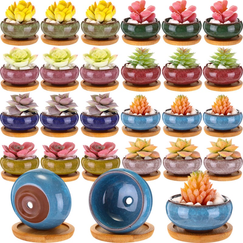RimCereal 24 Pcs Small Succulent Pots with Drainage - 2.5 Inch Mini Ceramic Cactus Planters with Bamboo Saucers, 8 Colors Ice Crack Glaze Flower Pots for Plants, Home Office Desk Decor - Image 1