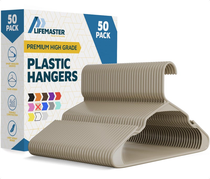 Lifemaster Plastic Clothes Hangers â€“ Heavy Duty Hanger Set, for Organizing Clothes, Dresses, and Coat, Holds Up to 5 lbs, Space-Saving Hangers with Non-Slip Shoulder Grooves, Pack of 50, Ivory - Image 1