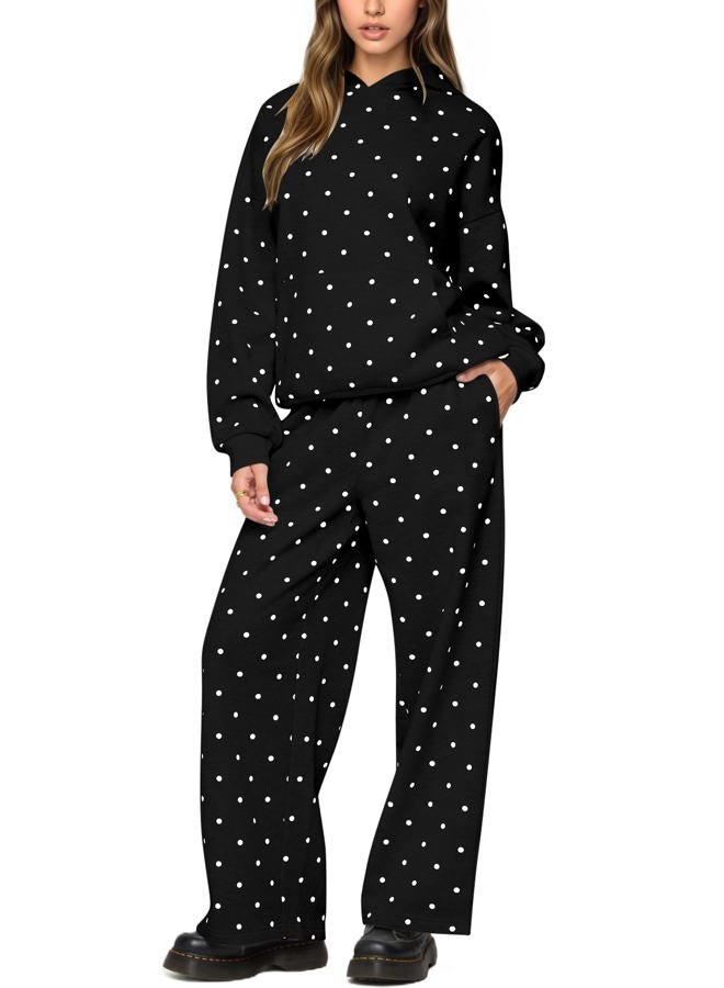HOCANDY Polka Dot Hoodie and Sweatpants Set for Women, Black, L - Image 1