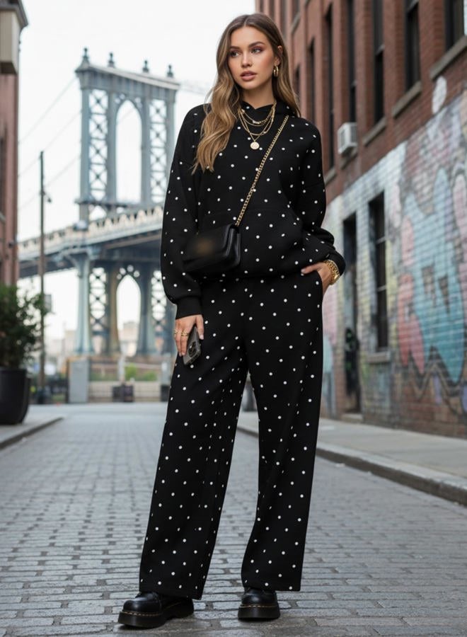 HOCANDY Polka Dot Hoodie and Sweatpants Set for Women, Black, L - Image 2