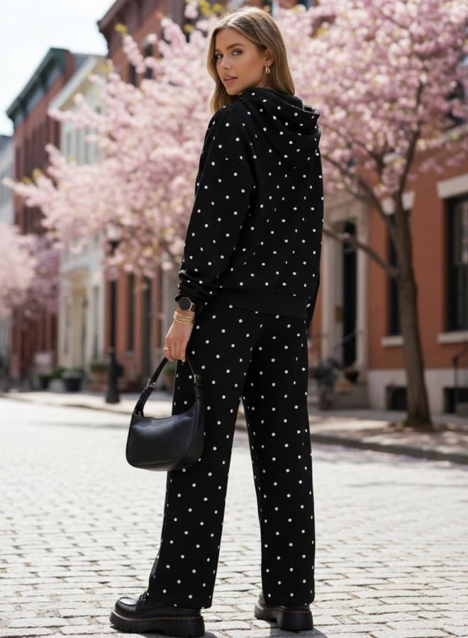 HOCANDY Polka Dot Hoodie and Sweatpants Set for Women, Black, L - Image 3
