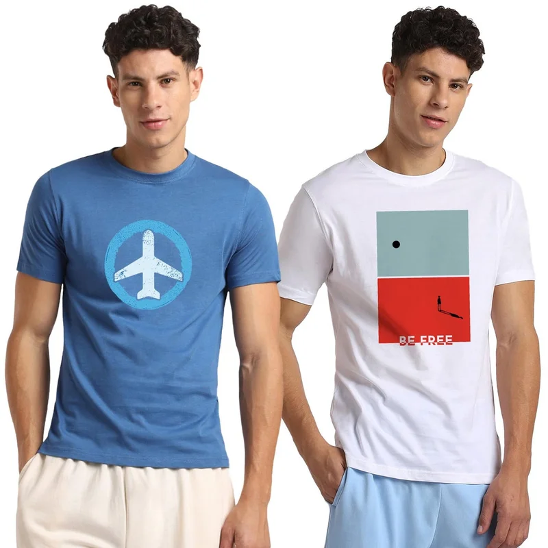 نوبيرو Men's Cotton Graphic Printed T-Shirt Combo - Blue & White