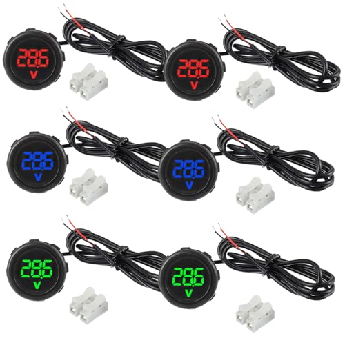 JAMHER 6 Pieces Waterproof DC 4V-100V Voltmeter Gauge, Car Voltage Gauge LED Digital Display for Cars Vehicles Motorcycles Boats Truck RV (Red & Blue & Green) - Image 1