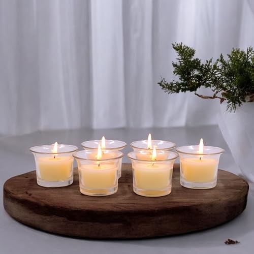 HOSLEY Sweet Pea Jasmine Fragrance Votive Clear Glass Filled Candles|Scented White Candles Perfect for Home Decor Lighting|Burn Time 9 Hours Each|4.5 cm Diameter|Pack of 6|4.5 cm Long Each - Image 1
