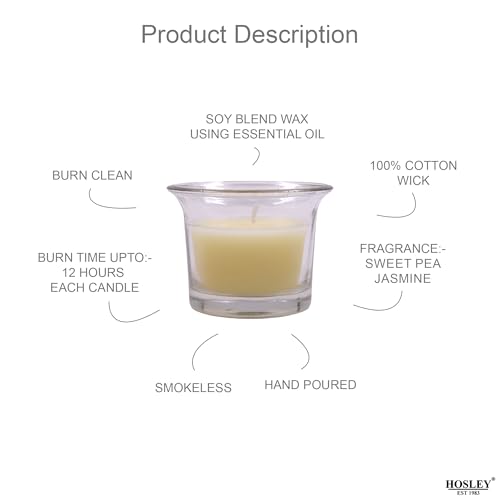 HOSLEY Sweet Pea Jasmine Fragrance Votive Clear Glass Filled Candles|Scented White Candles Perfect for Home Decor Lighting|Burn Time 9 Hours Each|4.5 cm Diameter|Pack of 6|4.5 cm Long Each - Image 3