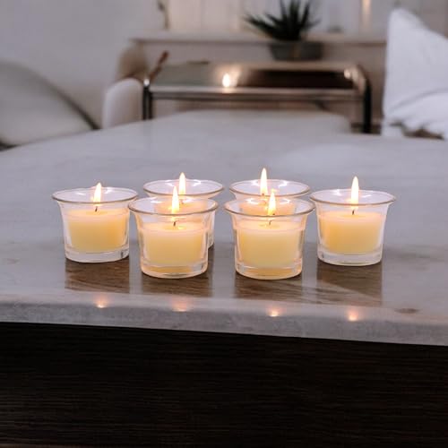 HOSLEY Sweet Pea Jasmine Fragrance Votive Clear Glass Filled Candles|Scented White Candles Perfect for Home Decor Lighting|Burn Time 9 Hours Each|4.5 cm Diameter|Pack of 6|4.5 cm Long Each - Image 2
