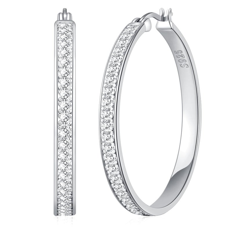 BMMYE Sterling Silver Hoops Earrings for Women Hypoallergenic Rhinestone Earrings Sparkly Large Crystal Hoop 40mm Silver Hoops - Image 1