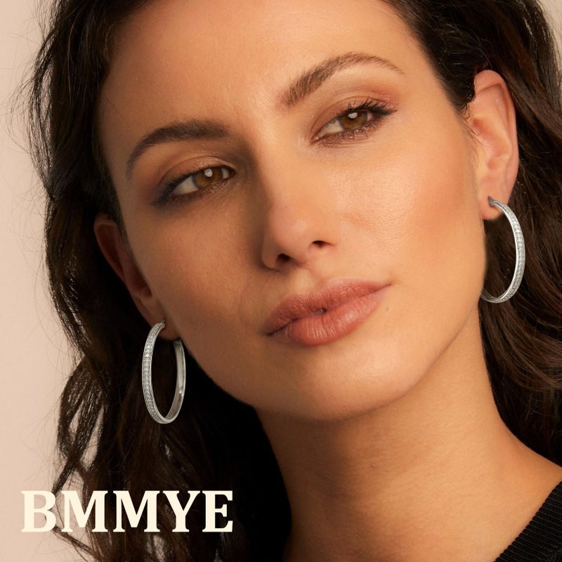 BMMYE Sterling Silver Hoops Earrings for Women Hypoallergenic Rhinestone Earrings Sparkly Large Crystal Hoop 40mm Silver Hoops - Image 2
