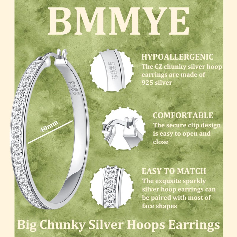 BMMYE Sterling Silver Hoops Earrings for Women Hypoallergenic Rhinestone Earrings Sparkly Large Crystal Hoop 40mm Silver Hoops - Image 4