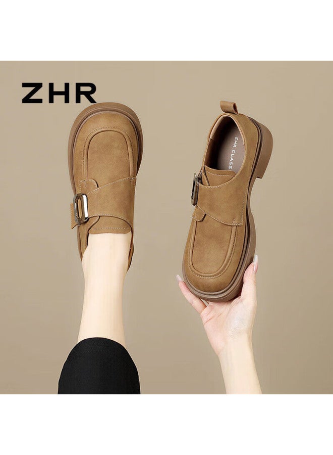 Zhr Lefu Women's Retro Lightweight Thick-soled Single Shoes Women's Fashion Metal Buckle Comfortable Brogues Jf19 Chestnut 35 - Image 1