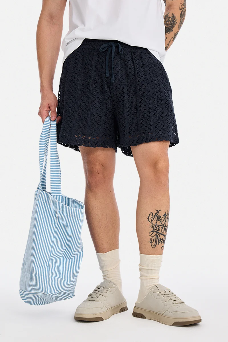 SNITCH Navy Blue Textured Regular Fit Shorts