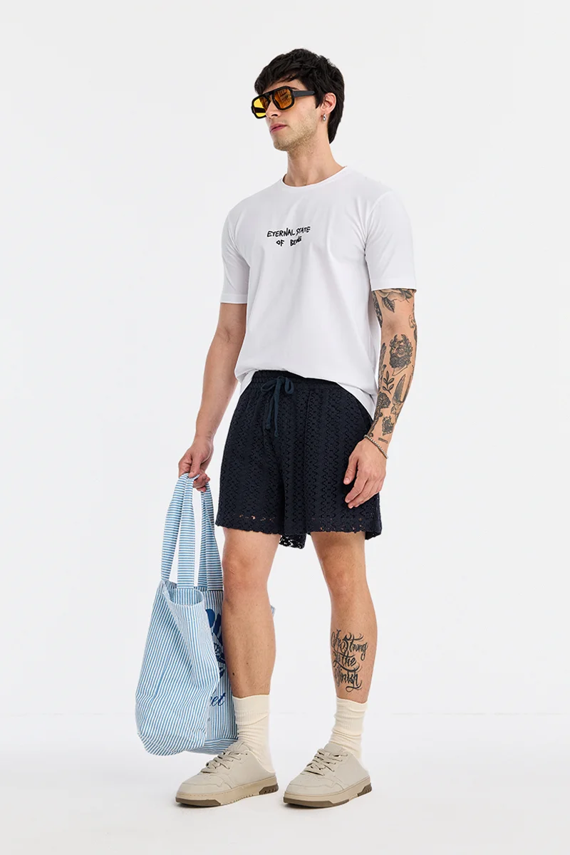 SNITCH Navy Blue Textured Regular Fit Shorts
