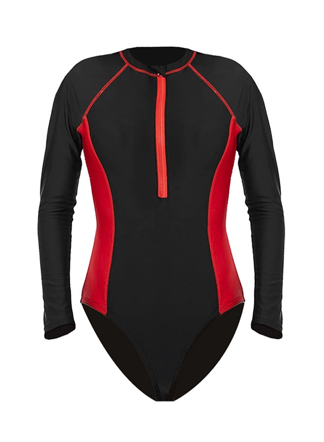 MARGOUN Small Size Surf suit for women long sleeve rash guard women's surf suit one piece swimsuit tight front zip top striped swimming shirts wetsuits Red - Image 1