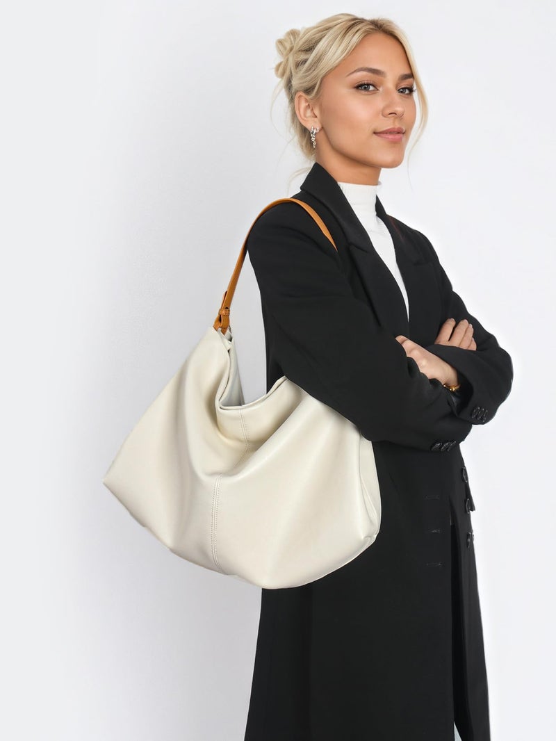 Covelin Minimalist Soft Leather Tote Bag - Adjustable & Detachable Crossbody Strap, Hobo Casual Shoulder Purse for Everyday Work Beige - Image 2
