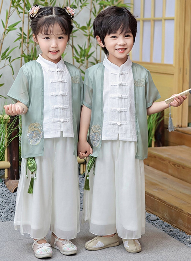 Boys And Girls Hanfu Chinese Style Set white Shirt and Pants Two-piece Suits Spring And Autumn New Children's Tang Dynasty Fashion Clothes - Image 2