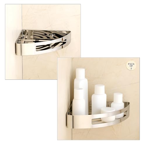 FORTUNE Stainless Steel 304 Wall Mount Corner Shelf Bathroom Multi-Functional Storage Shelf/Rack & Caddy Basket Bathroom Accessories (8.5x8.5 Inch) - (Pack of 2, Chrome) - Image 1