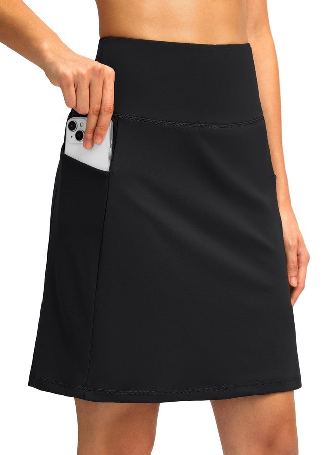SANTINY 18" Skorts for Women with 4 Pockets High Waist Long Athletic Tennis Skirt Golf Skort Dressy Casual (Black_L) - Image 1