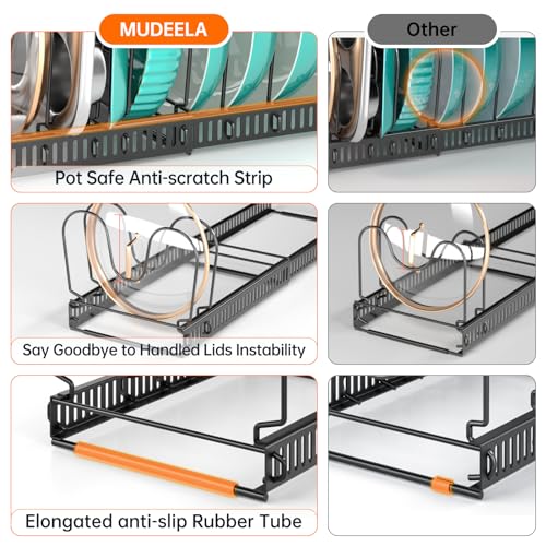 MUDEELA Expandable Pots and Pans Organizer Rack under Cabinet, Pots Lid Organizer Rack for Kitchen Cabinet Organizers and Storage with 12 Adjustable Dividers Cutting Board Holder & Anti-Scratch Strips - Image 4