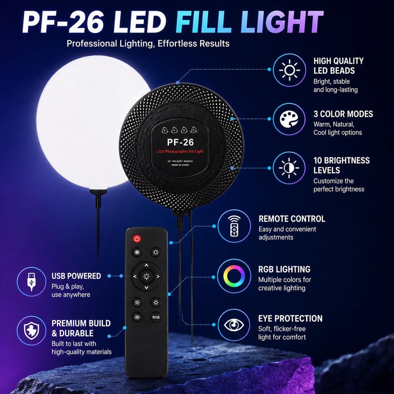 LED Video Light PF-26 Photography Fill, 3 Color Modes, 10 Brightness Levels, Dimmable Studio Panel with Remote, USB Powered for Streaming Makeup - Image 3