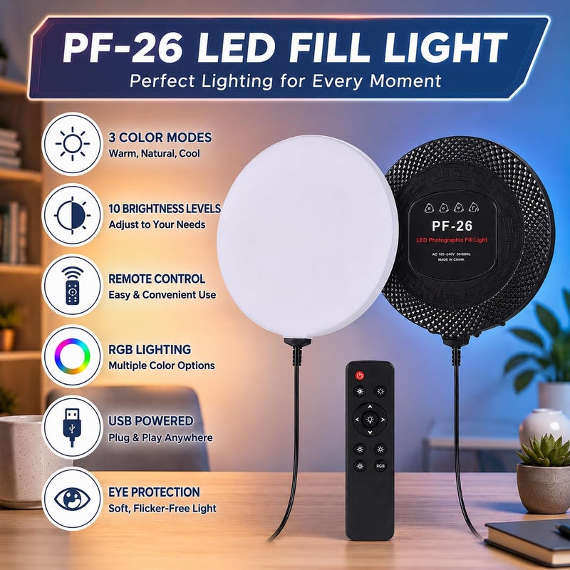 LED Video Light PF-26 Photography Fill, 3 Color Modes, 10 Brightness Levels, Dimmable Studio Panel with Remote, USB Powered for Streaming Makeup - Image 2