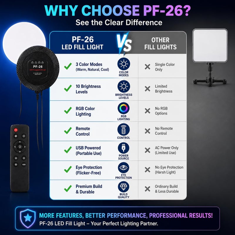 LED Video Light PF-26 Photography Fill, 3 Color Modes, 10 Brightness Levels, Dimmable Studio Panel with Remote, USB Powered for Streaming Makeup - Image 5