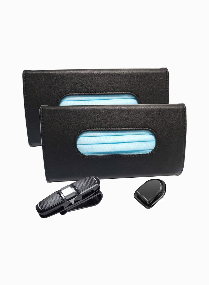 Car Tissue Holder, 2 Packs Issue Holder for Visor Glasses Holders and Sticker Hooks, Mask PU Leather Hanging Box Visor, Black - Image 1