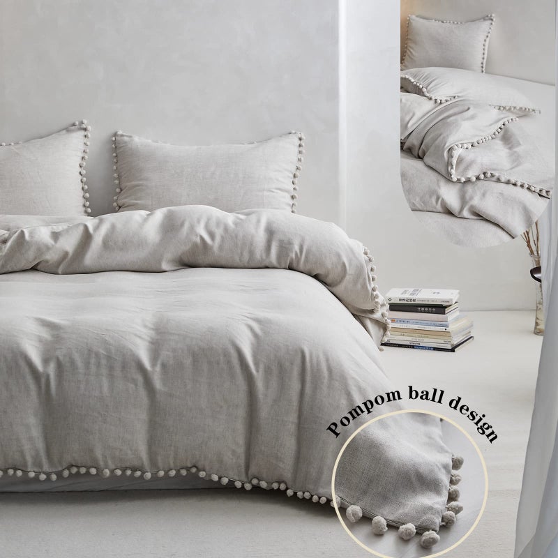 Simple&Opulence Linen Blend Duvet Cover with Pom Pom Trim Farmhouse Flax Bedding Set - 1 Boho Comforter Cover and 2 Pillowshams - Queen, Linen - Image 3