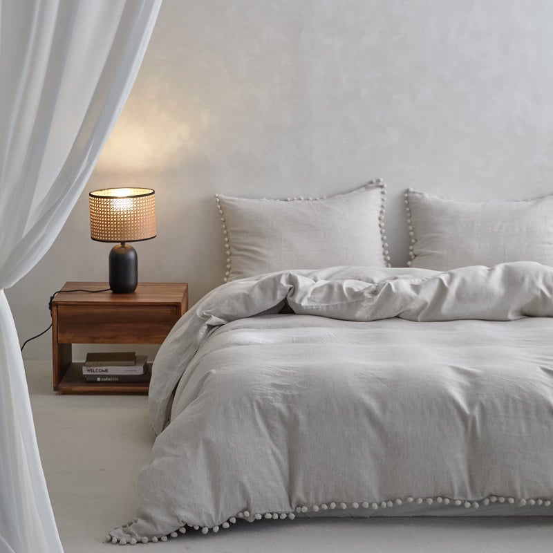Simple&Opulence Linen Blend Duvet Cover with Pom Pom Trim Farmhouse Flax Bedding Set - 1 Boho Comforter Cover and 2 Pillowshams - Queen, Linen - Image 1