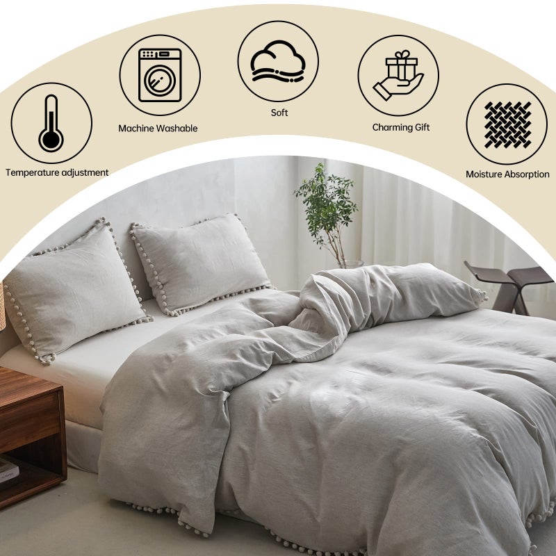 Simple&Opulence Linen Blend Duvet Cover with Pom Pom Trim Farmhouse Flax Bedding Set - 1 Boho Comforter Cover and 2 Pillowshams - Queen, Linen - Image 4