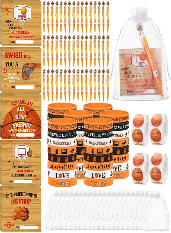 Chivertion 32 Set Valentine's Gift Include Basketball Pens Sports Silicone Bracelet Valentines Card Stickers, Basketball Party Favor Bulk for Valentine Exchange Gift Lover Reward Decor Party Supplie - Image 1
