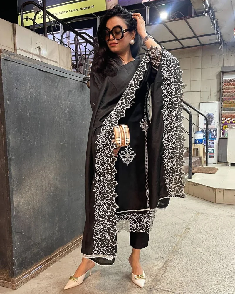 GoSriKi Black GoSriKi Women's Rayon Blend Straight Embroidered Kurta with Pant & Dupatta (TRP BLACK-NM-GS_4XL_Black_XXXX-Large) for Women | Best Price UAE