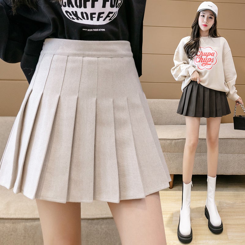 Autumn Winter Pleated Skirt High Waist Slim A-Line Brown wool