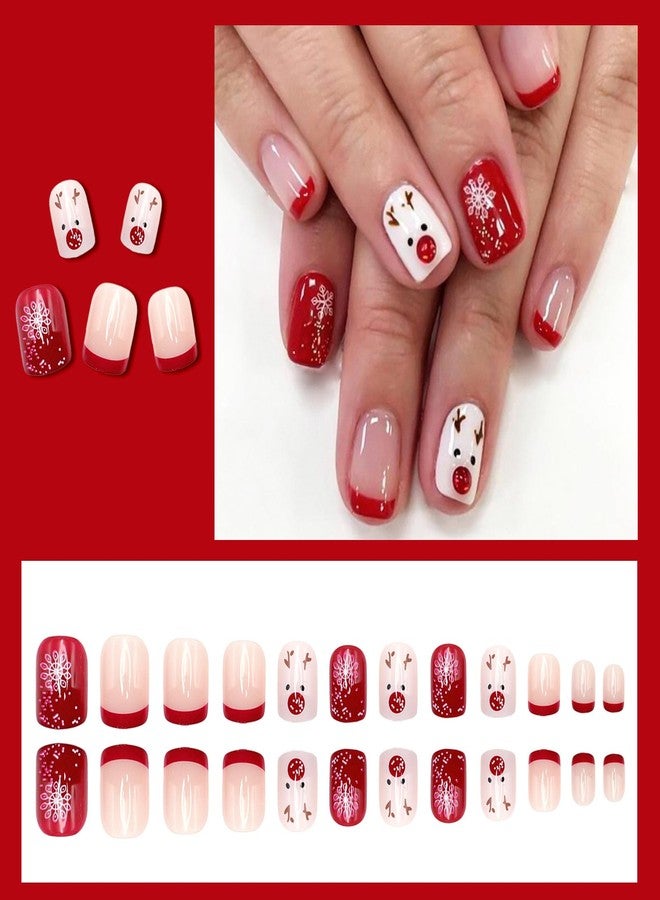 OCOUYVD Christmas Short Square Fake Acrylic Nails with Red French Tip, Snowflake Designs, and Winter Xmas Nail Art for Women and Girls - Image 5