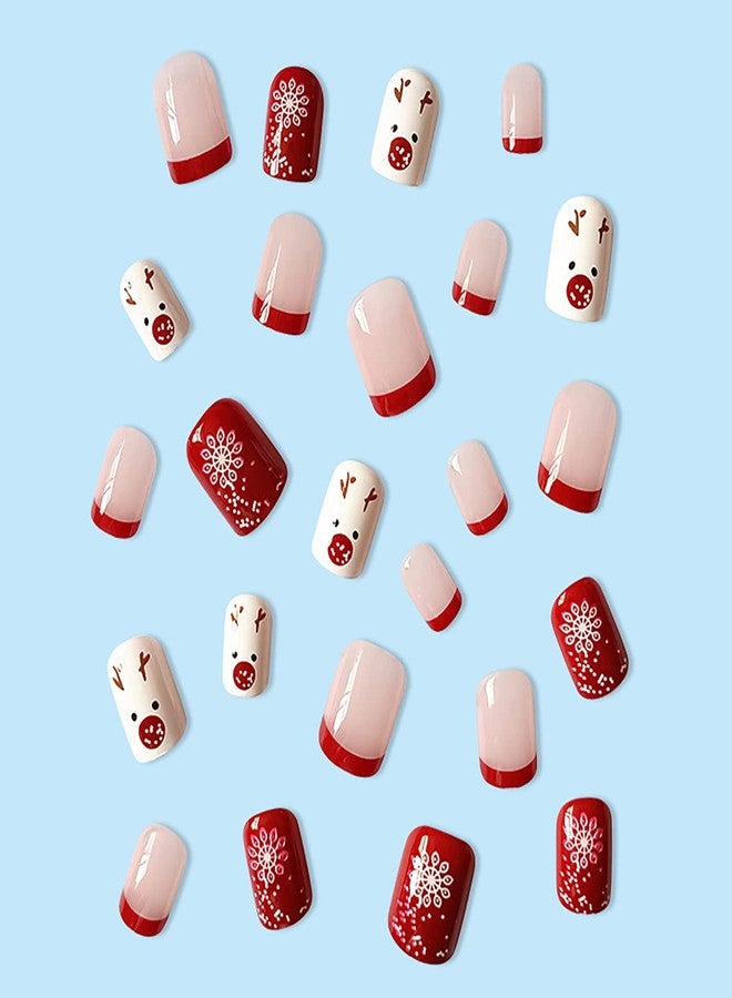 OCOUYVD Christmas Short Square Fake Acrylic Nails with Red French Tip, Snowflake Designs, and Winter Xmas Nail Art for Women and Girls - Image 4