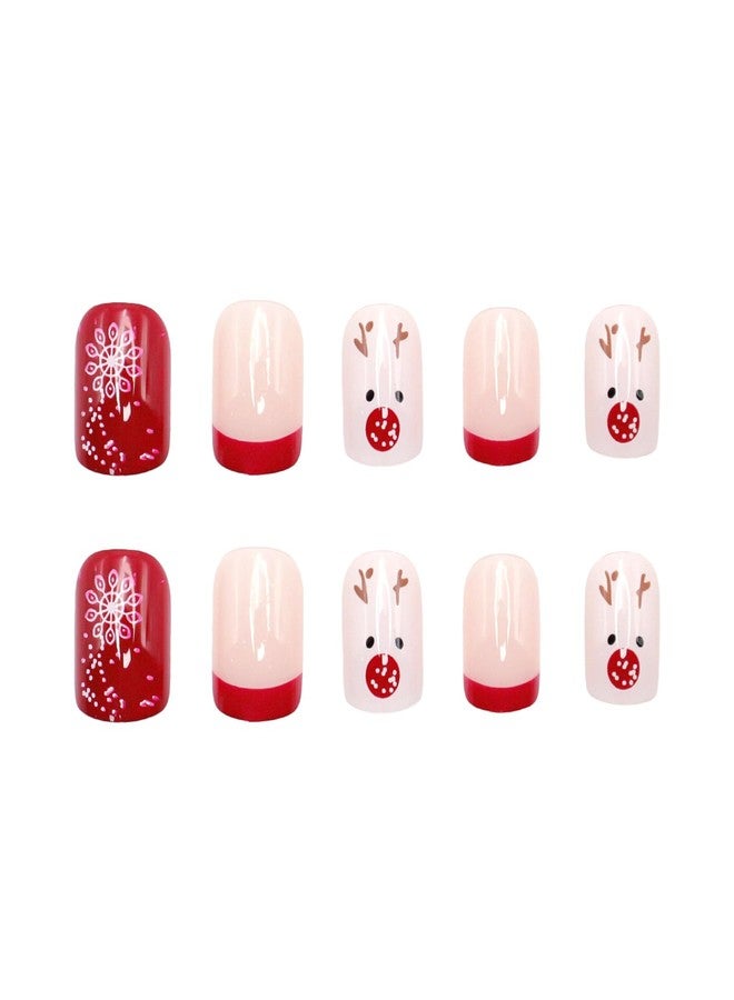 OCOUYVD Christmas Short Square Fake Acrylic Nails with Red French Tip, Snowflake Designs, and Winter Xmas Nail Art for Women and Girls - Image 2